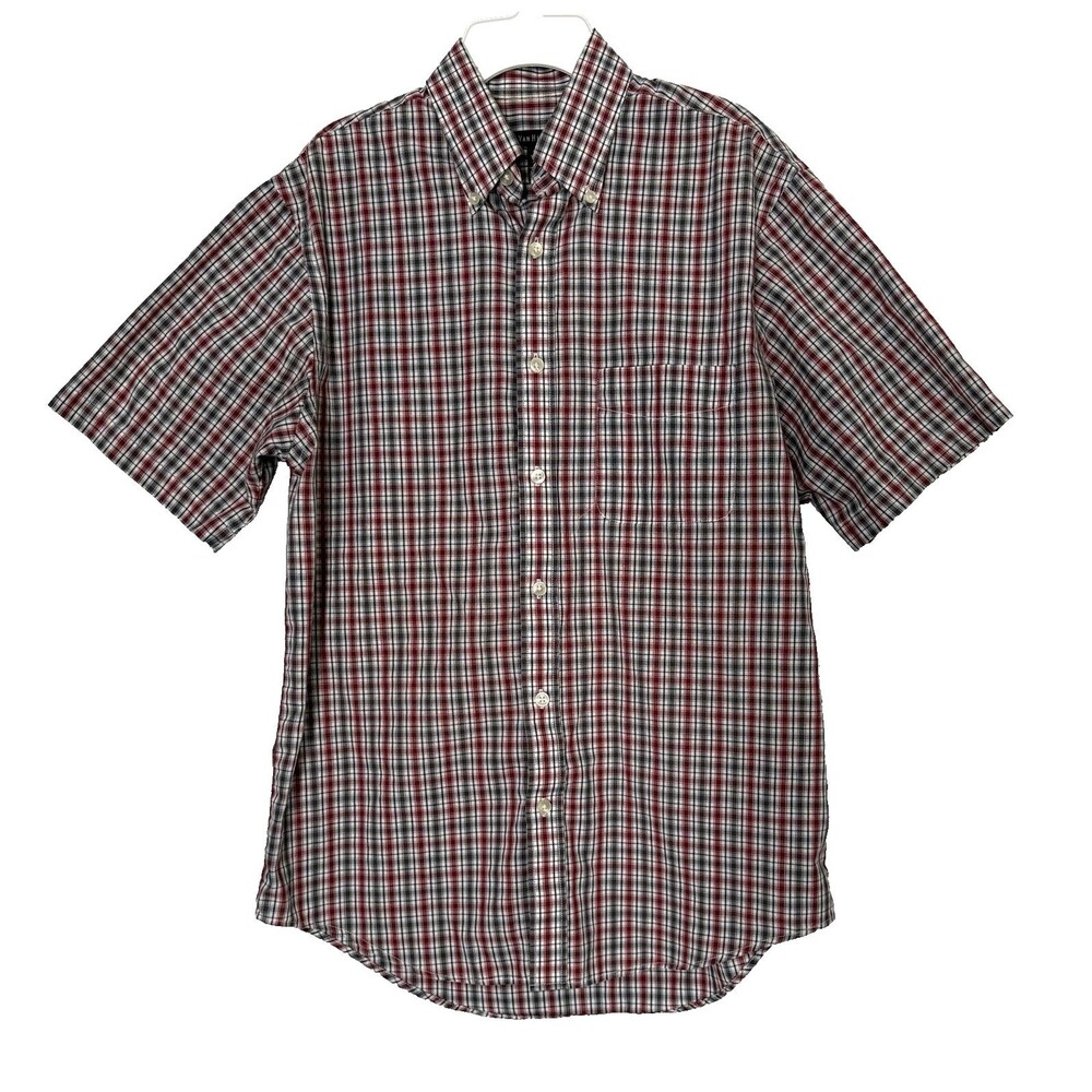 Van Heusen Plaid Button Down Shirt Red Navy Blue Short Sleeve Mens Small 14-14.5